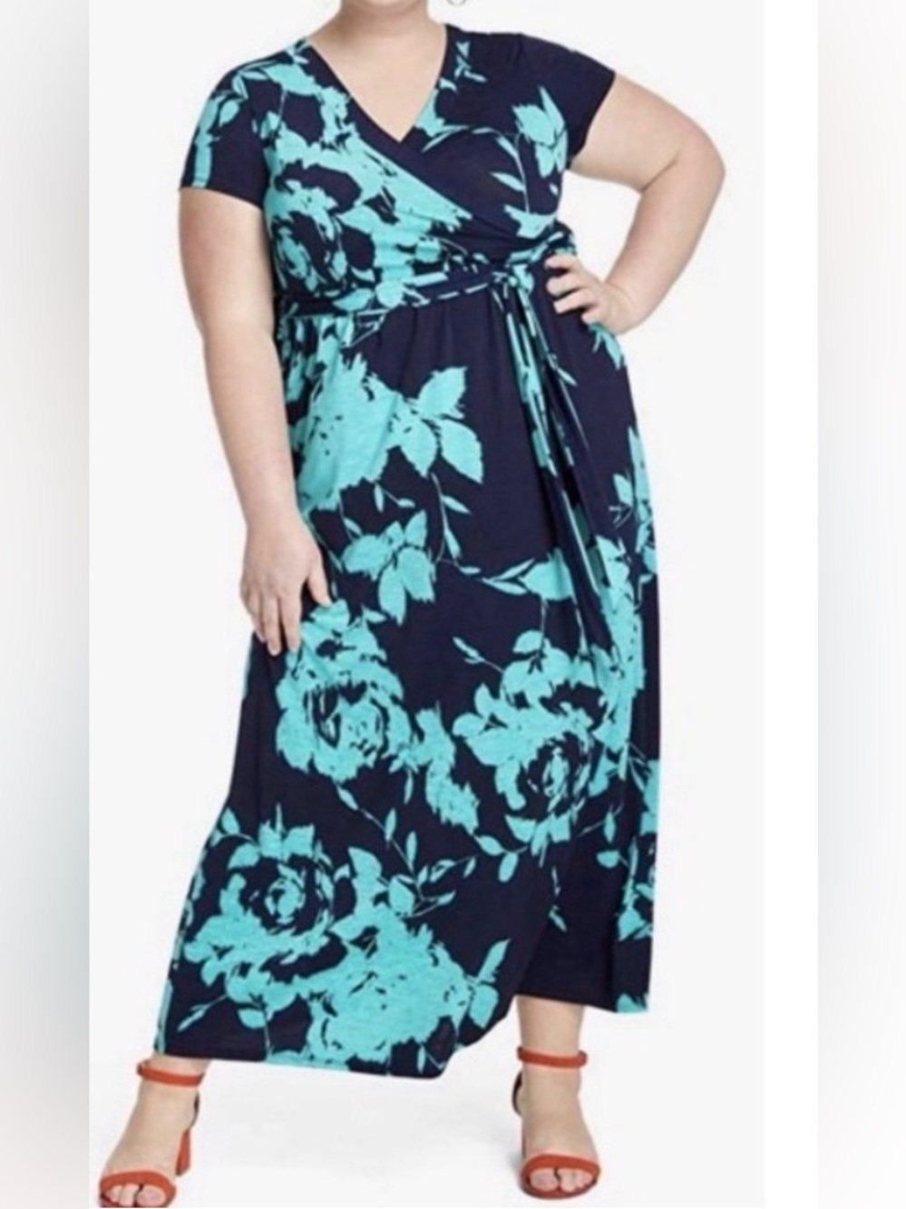 Meri Skye Miami Wrap Maxi Dress 2X Navy Teal Dia & Co Plus Size Floral Tropical